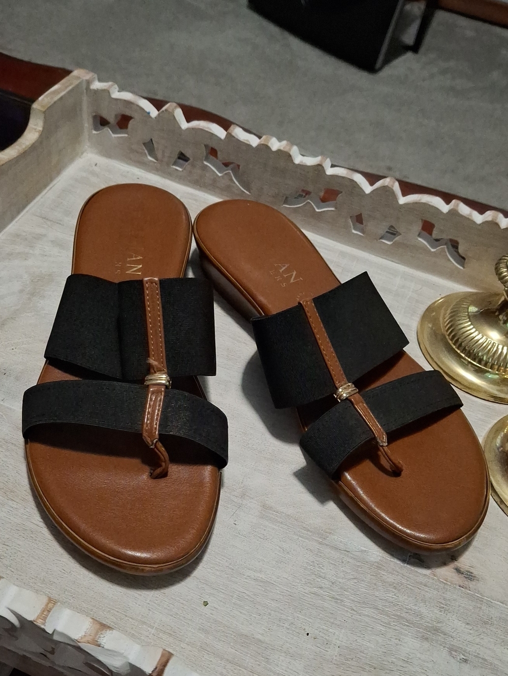 Italian Shoemakers Black & Brown Slide Sandal for Women Gold Accents Size 9